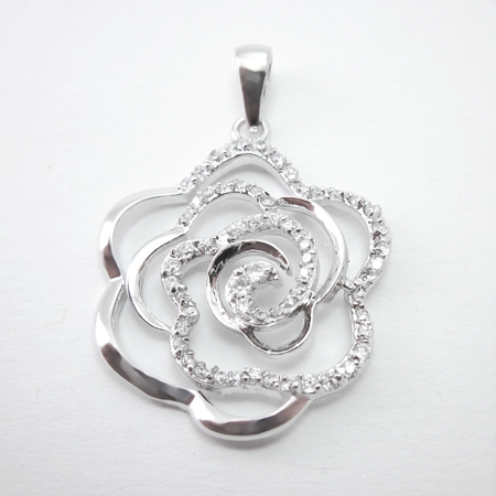 Sterling Open Rose Pendant w/CZ and Rhodiumplate - Click Image to Close